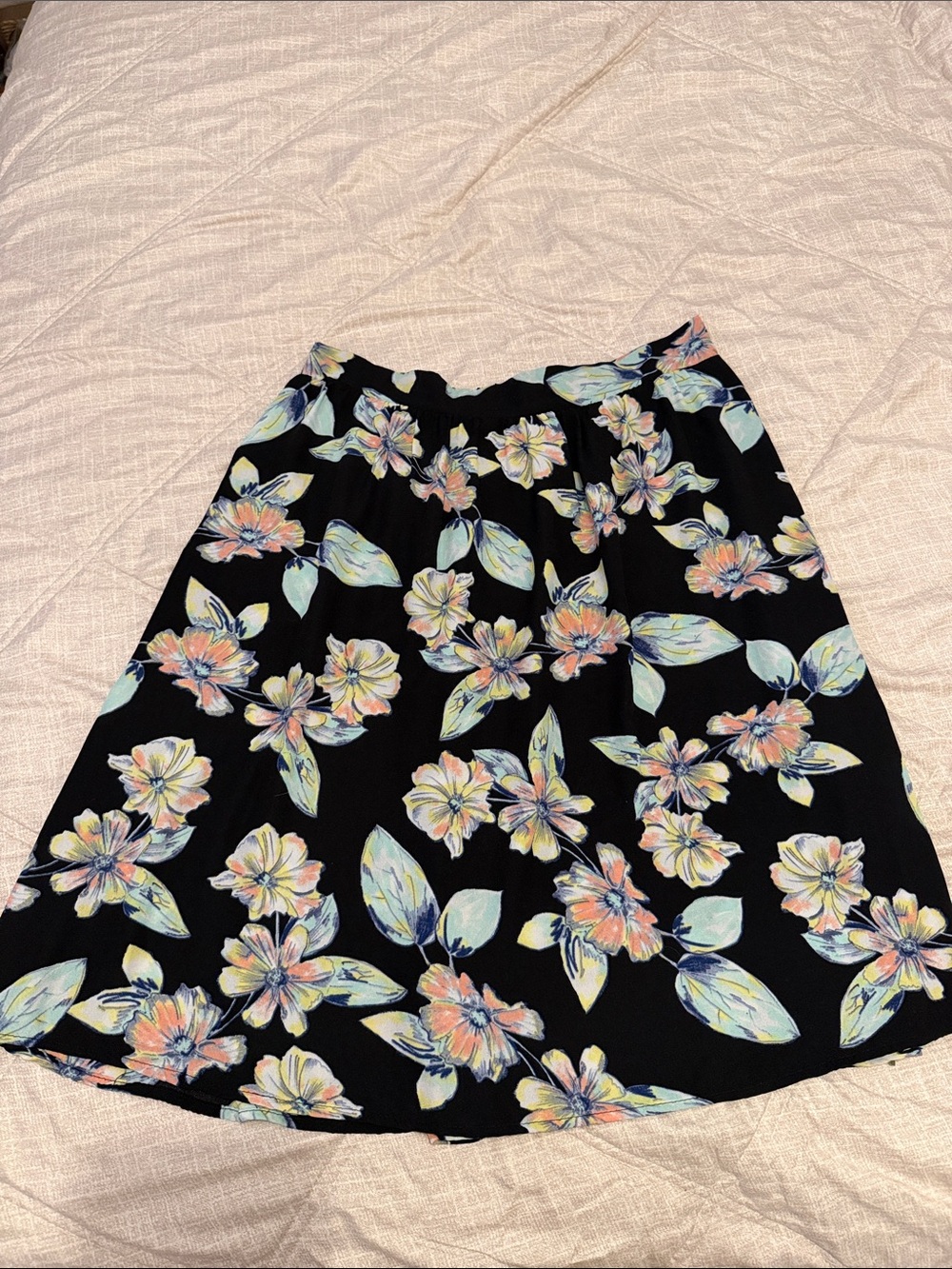 Black Floral A-Line Skirt with Pastel Blooms